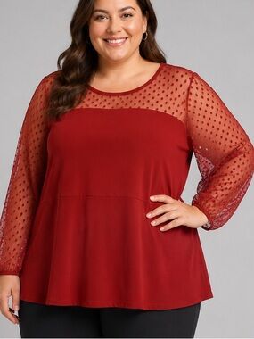PENNINGTONS Red Mesh Swiss Dot Long Sleeve Peplum Top Plus Size 5X